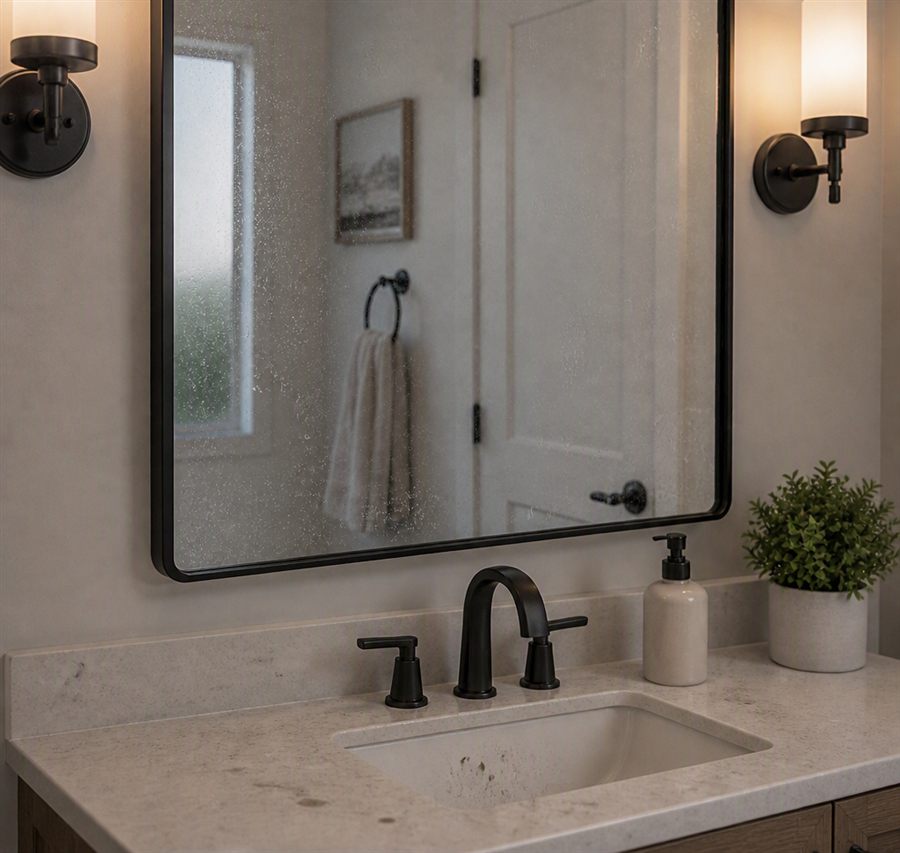 Mirror & vanity before cleaning by LAB Cleaning Services